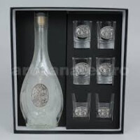 Set sticlă țuică + 6 pahare etichetă staniu